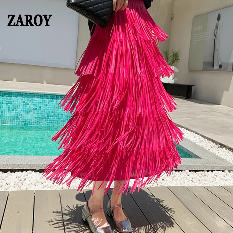 

Женская прямая Длинная юбка с бахромой ZAROY, модная облегающая многослойная юбка с высокой талией и кисточками, однотонная элегантная юбка, юбка с металлическим слоем