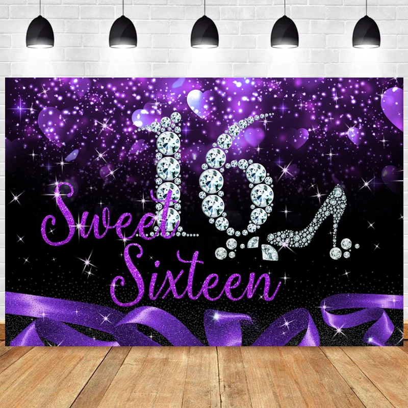 

Purple Sweet 16 Backdrop Custom 16th Birthday Party Decorations for Girls Sixteen 16 Years Silver Heels Diamond Photo Background