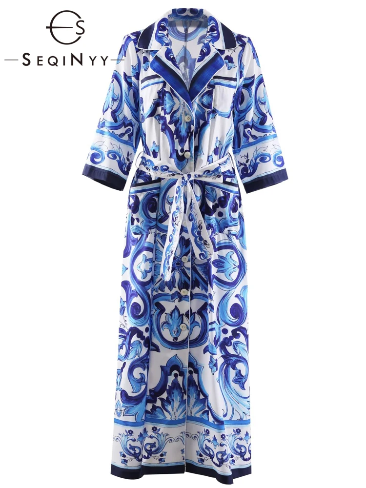 

SEQINYY Nightgown Long Dress Spring Autumn New Fashion Design Women Runway High Street Vintage Blue Flower Print Sicily Loose