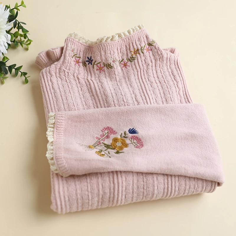 Autumn New Sweet Mock Neck Embroidered Pullovers Sweater Women Long Sleeve Casual Knitting Top Pullovers D259 3