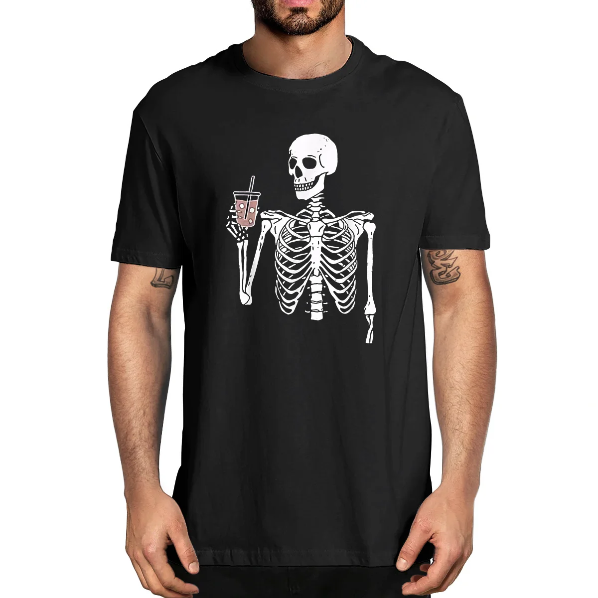 

Iced Coffee Skeleton Drinking Funny Halloween Skull 100% Cotton Summer Men's Novelty Oversized T-Shirt Women Casual Streetwear