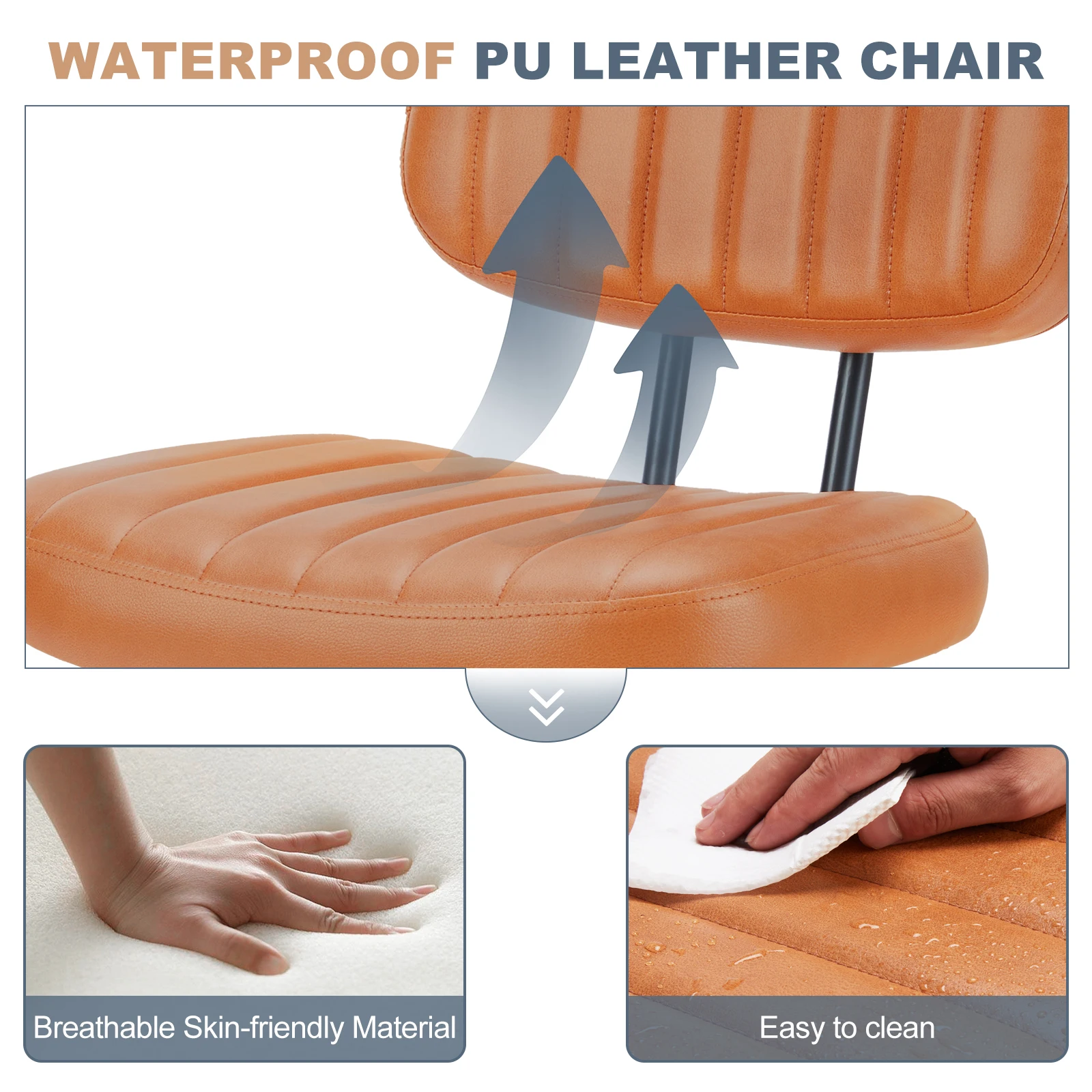 JHK Armless Office Desk Chair Back Lumbar Support Height Adjustable PU Leather Computer Chair with 360° Swivel Rolling Wheels 2