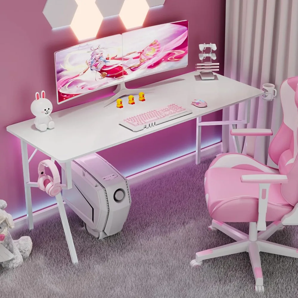 ergonomic k-shaped gaming desk, 63" x 24" home office desk with cable management and cup holder for study and work