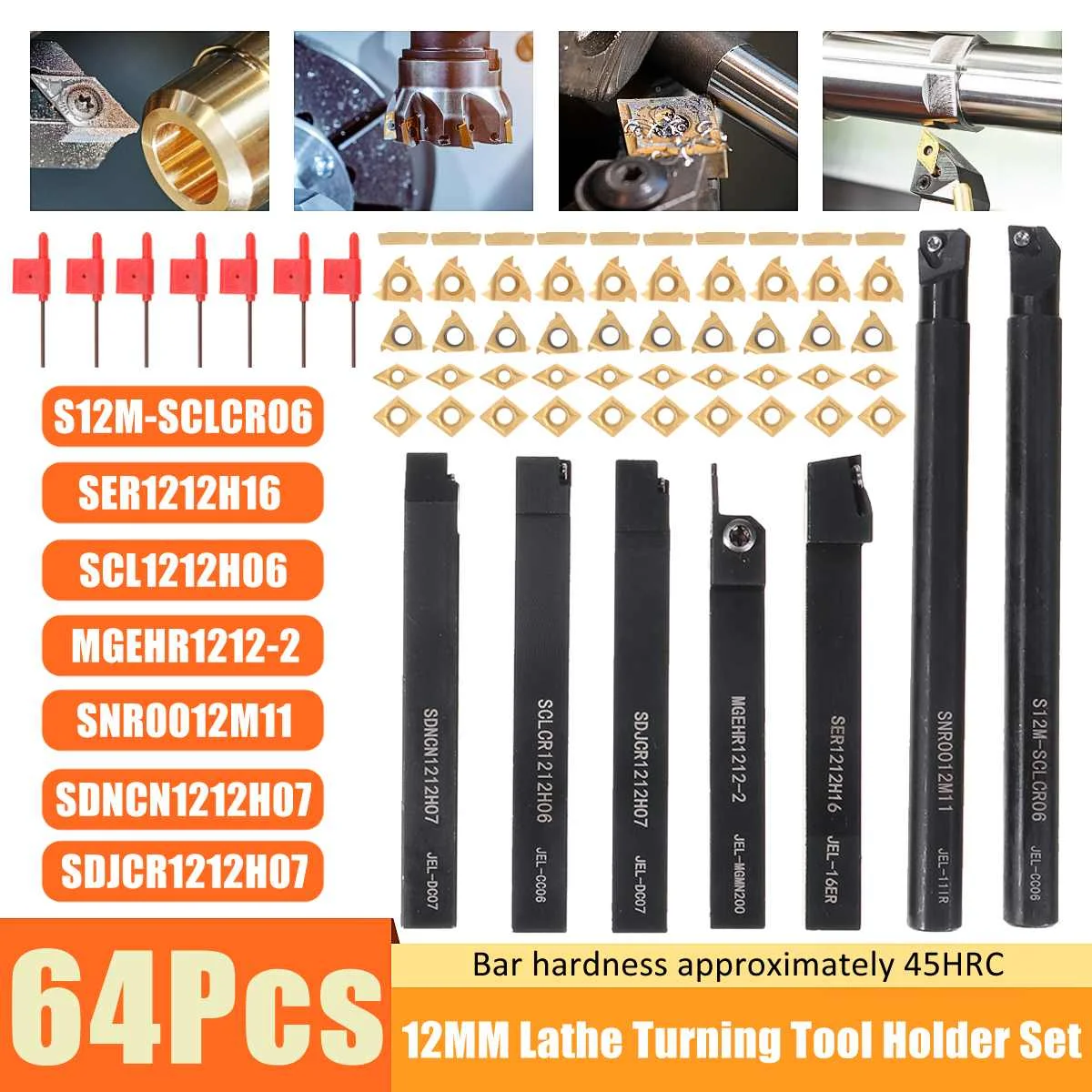 7 Sets Of 12mm Lathe Boring Bar Turning Tool Holder +7Pcs Wrenches+50Pcs Carbide Insert Blades for Lathe Turning Machine