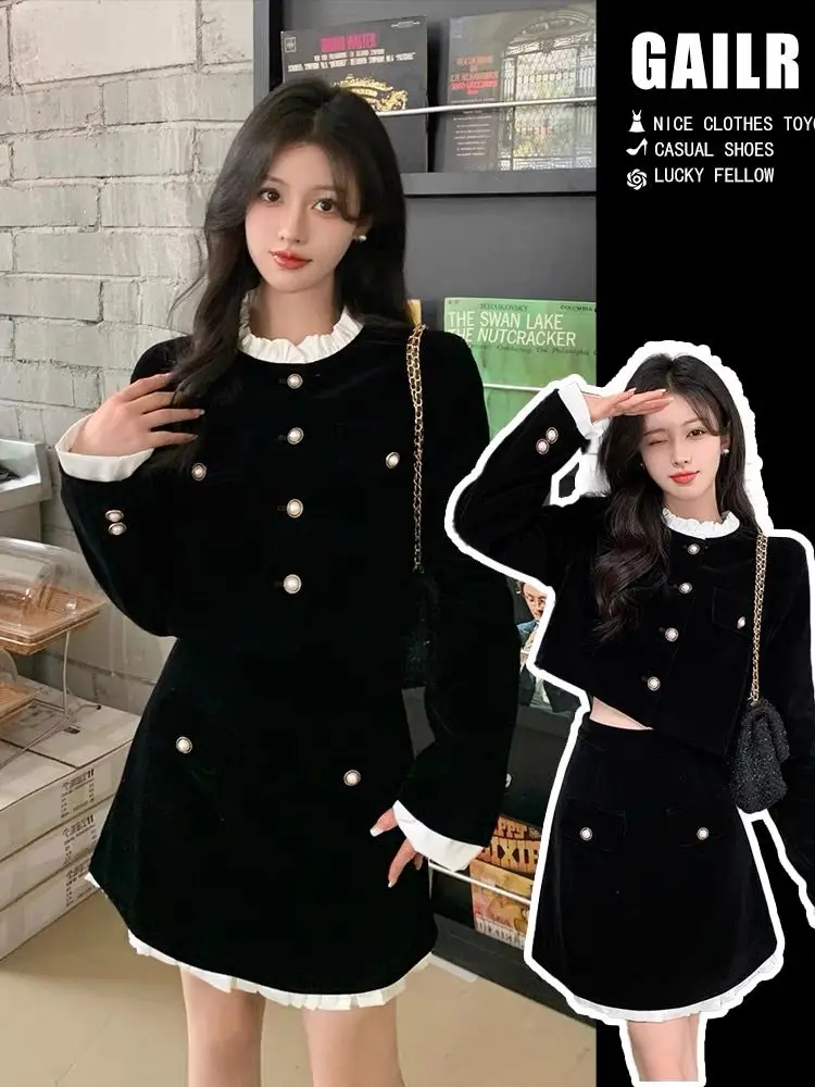 Elegant Black Velvet Two-piece Skirt Sets Long Sleeve Cropped Top Bodycon Mini Skirt Ruffles Korean Fashion Autumn Spring Outfit