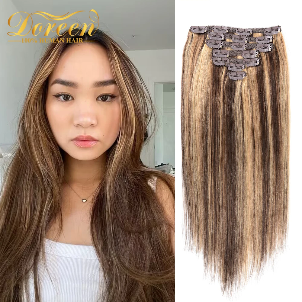 

P4/27 Caramel Brown Natural Balayage Blonde Clip In Hair Extensions Human Hair Machine Remy Hair Clip in for Thin Hair 120G 7pcs