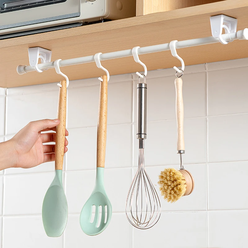 4/2Pcs Punch-free Curtain Rod Holder Clamp Hooks Self Adhesive Clothes Rail Bracket 360 Rotation Triangle Ring Adjustable Hooks