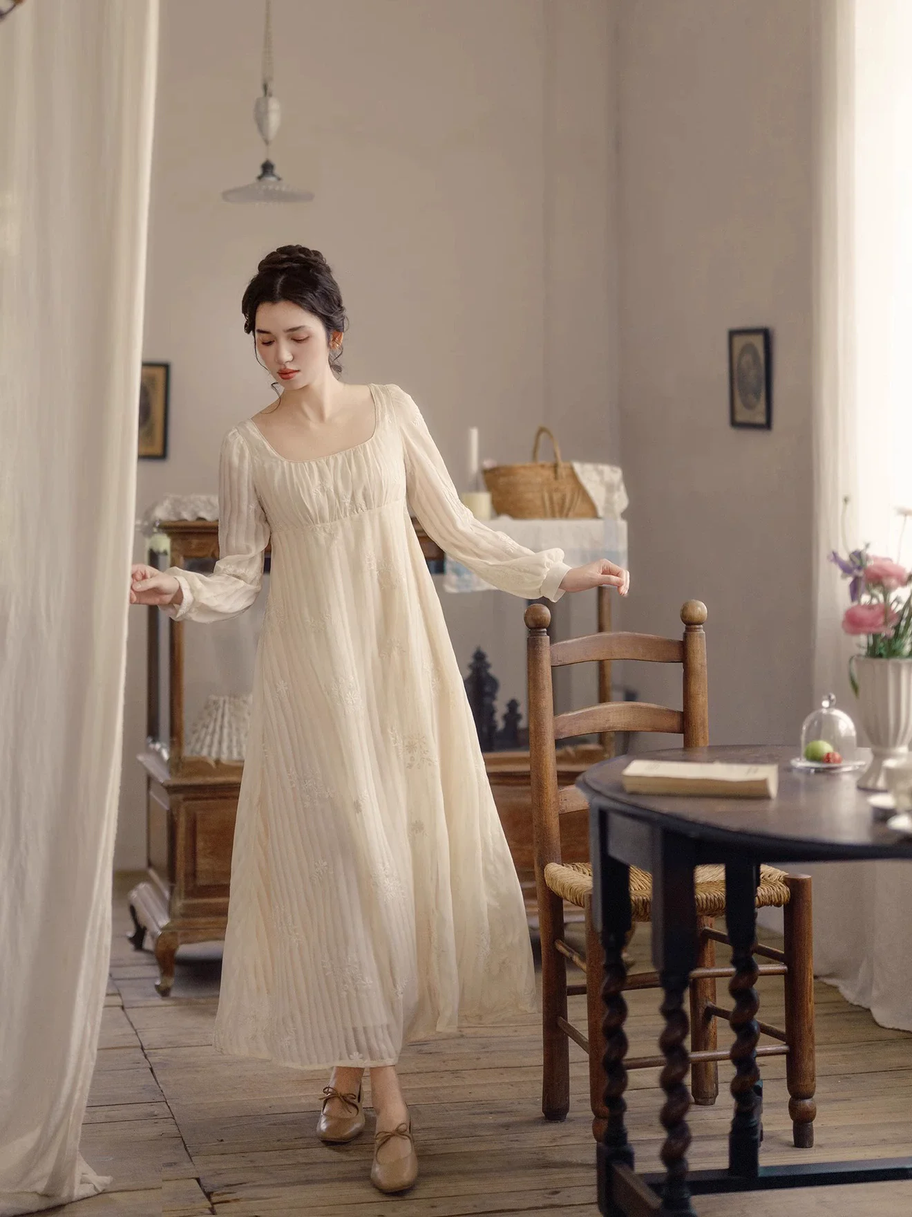 84-96cm Bust Spring Autumn Women Vintage Floral Embroidered Regency Empire  Chiffon Dresses - AliExpress 200000345
