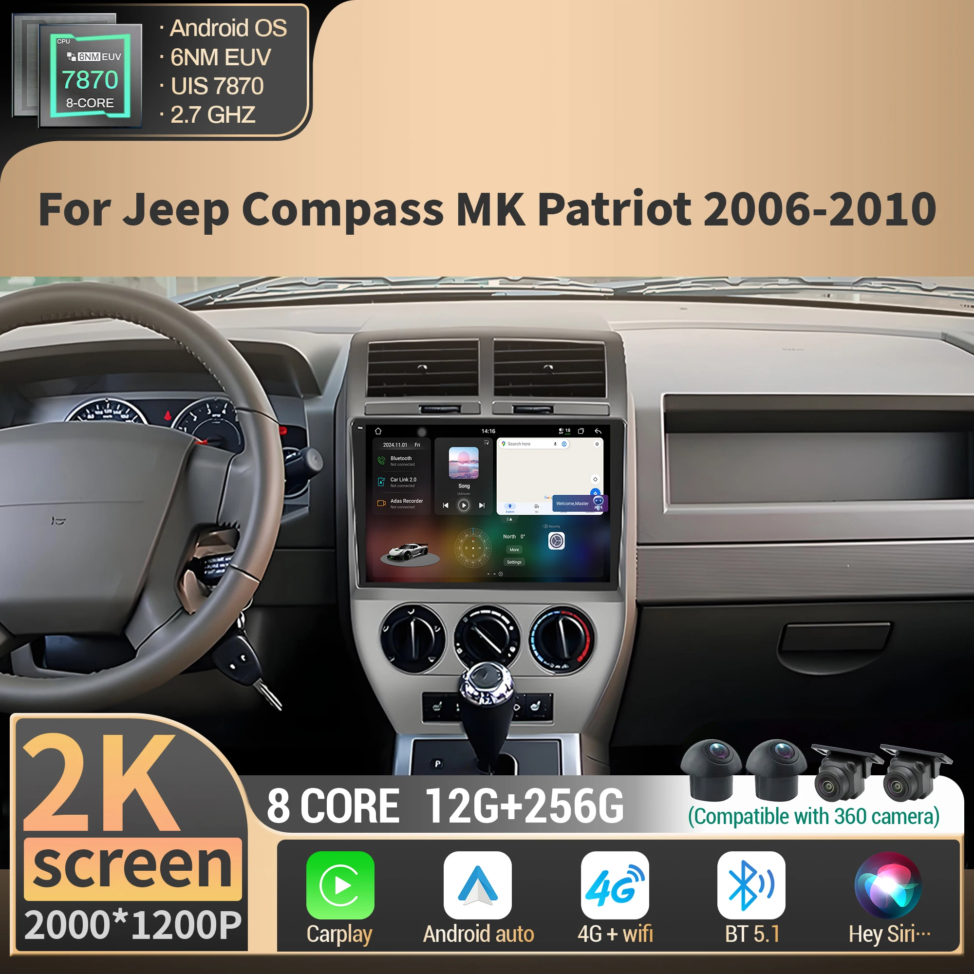 Para Jeep Compass MK Patriot 2006 2007 2008-2010 Android Auto Radio Multimedia GPS Estéreo DSP BT Carplay 7870 2K Pantalla QLED 1