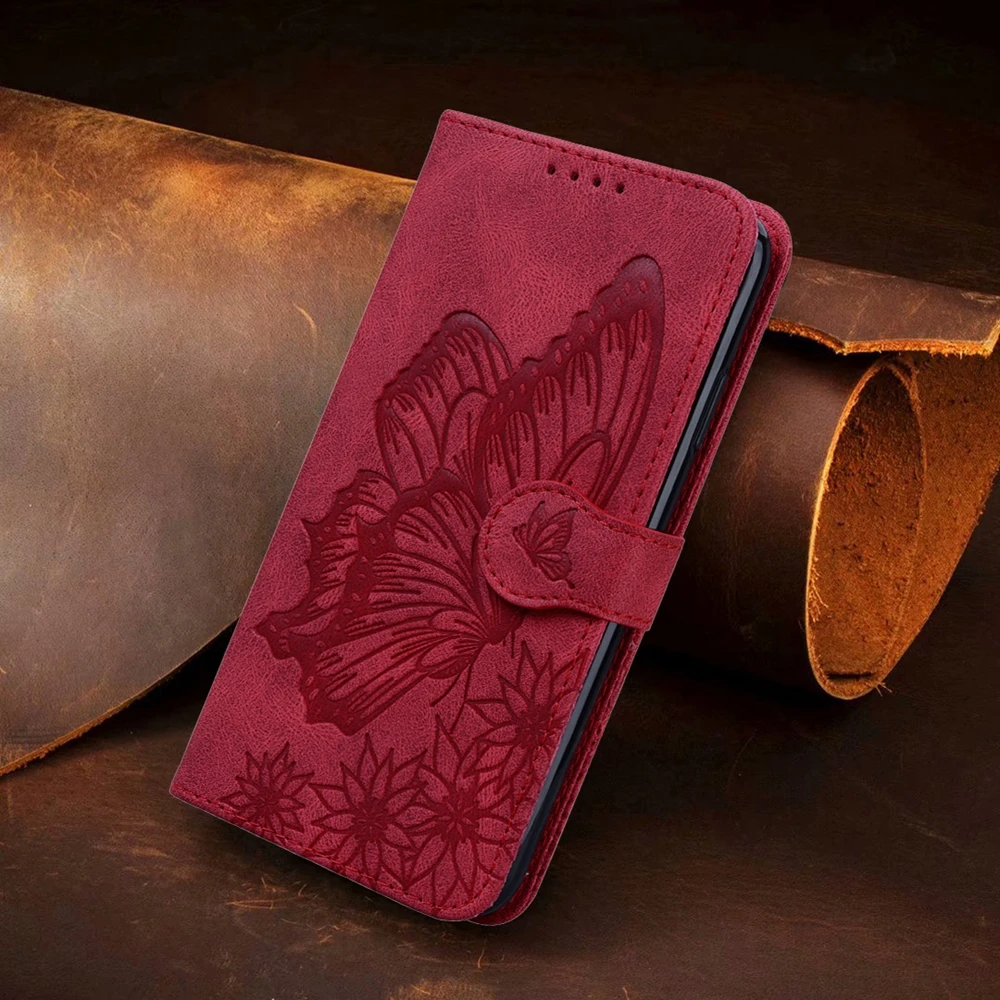 Butterfly Leather Flip Case with Card Holder and Hasp Wallet Features