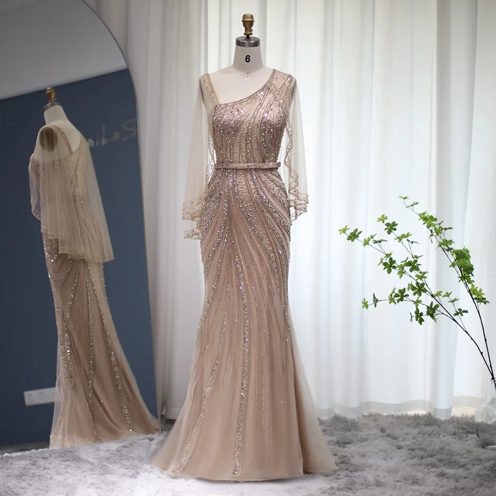 

Jancember Dubai Mermaid Champagne Evening Dress With Cape Silver One Shoulder Long Prom Dresses For Women Wedding Party Scz152
