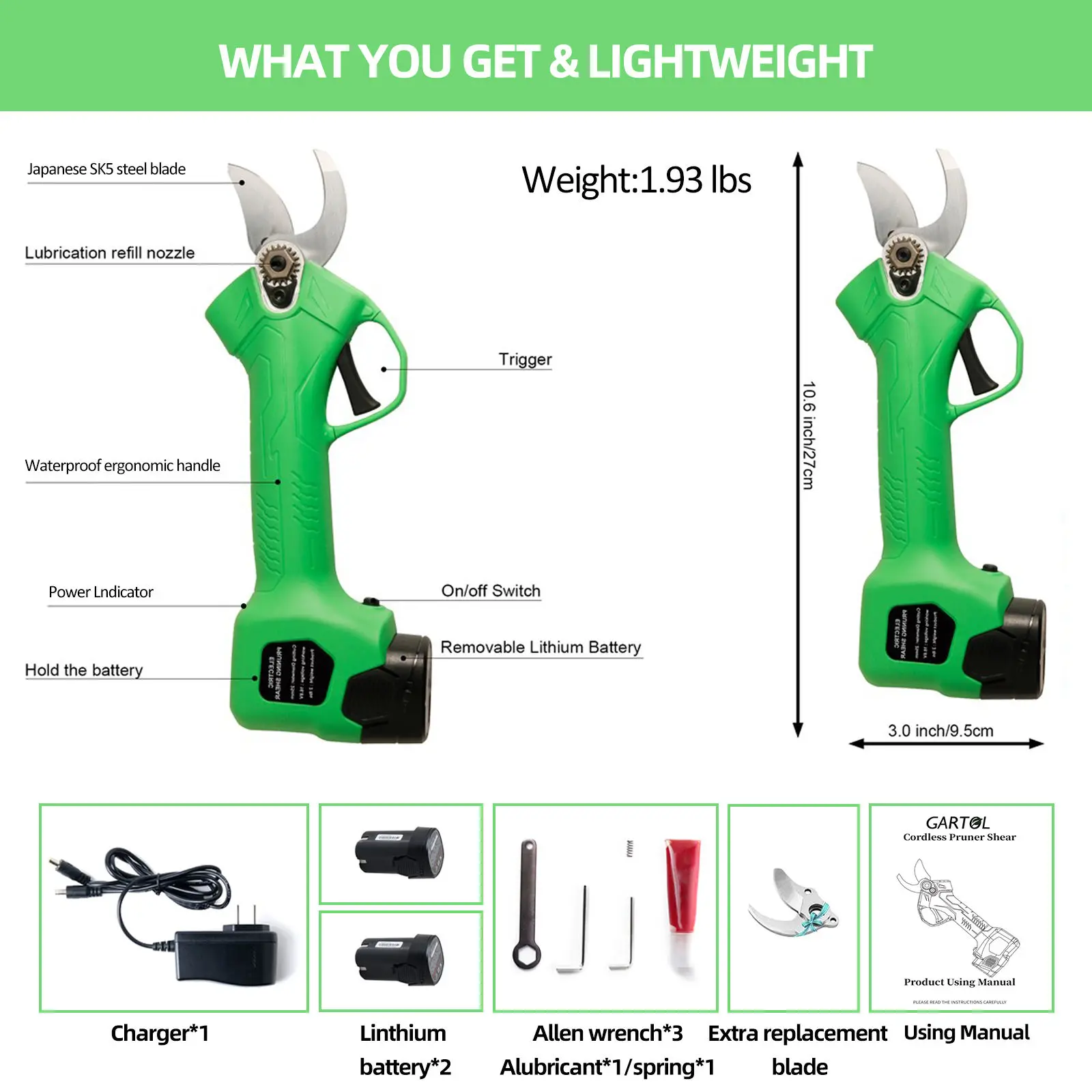 Professional Cordless Sk5 High Carbon Steel Pruning Shears With Lithium Battery Garden Scissors With Rubber Handle Tree Pruning