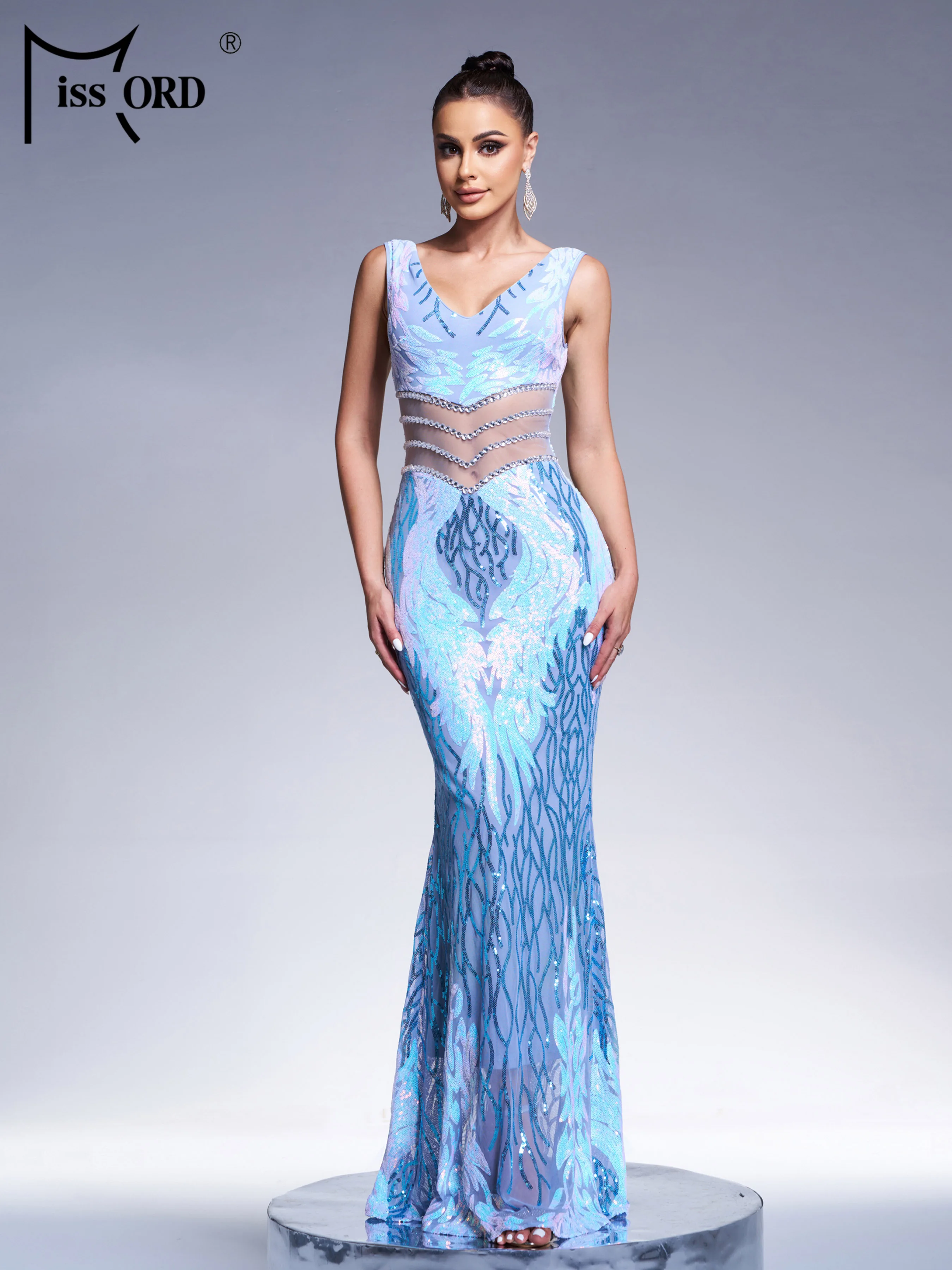 Missord New V Neck Cutout Vestidos Sequin Mermaid Evening Gown Wedding Birthday Party Formal Occasion Cocktail Maxi Prom Dresses 4