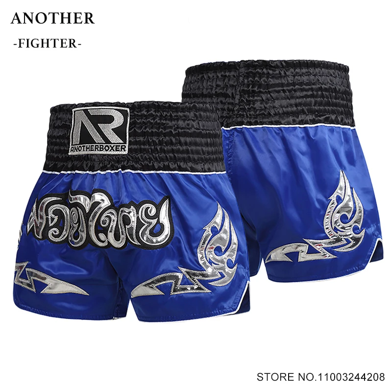 Thai Boxing Shorts Men Women Kids Embroidery Muay Thai Shorts Gym BJJ MMA Workout Clothing Grappling Kickboxing Fight Pants Blue
