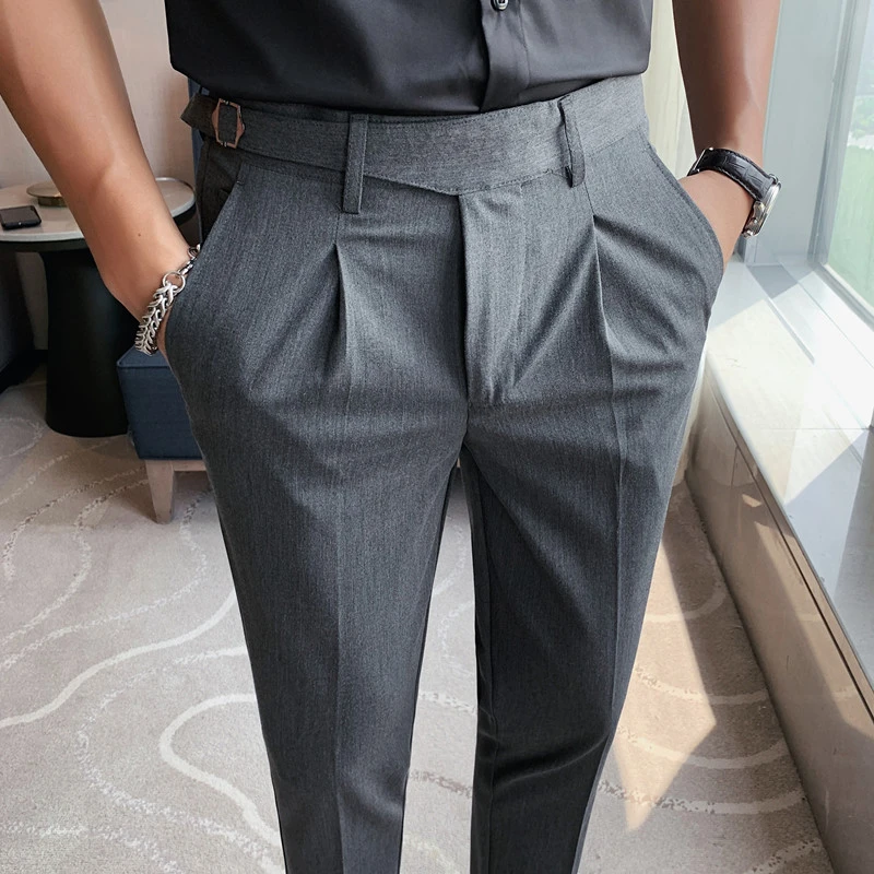 Pantalones de vestir informales de hombre, pantalones ajustados con diseño de cinturón, traje Formal para oficina, boda, Social, 2022| | - AliExpress