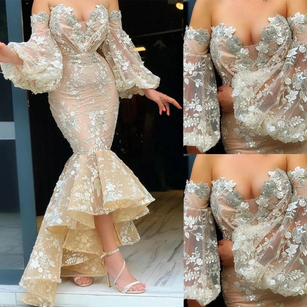 

Сексуальная выпускная Русалка с открытыми плечами, блестящая кружевная длинная аппликация с блестками и открытой спиной, имитация под заказ