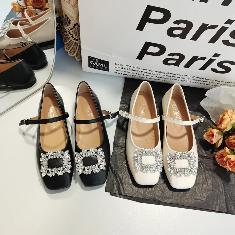 Square Versatile Rhinestone Mary Jane Flats Lolita Designer Zapatos Office Shoes Women Comfortable for Work