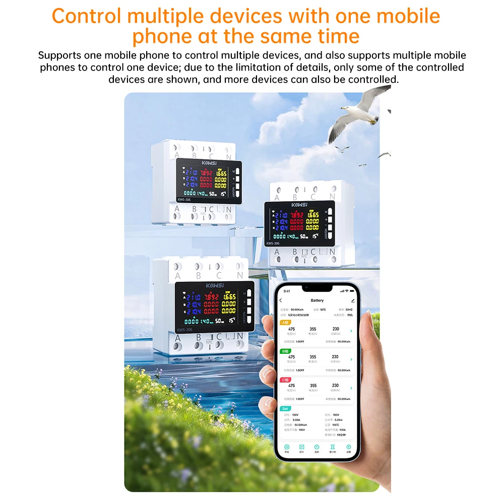 Умный Wi-Fi счетчик электроэнергии реле напряжения KWS-306WF 3 фазы 380В 80A