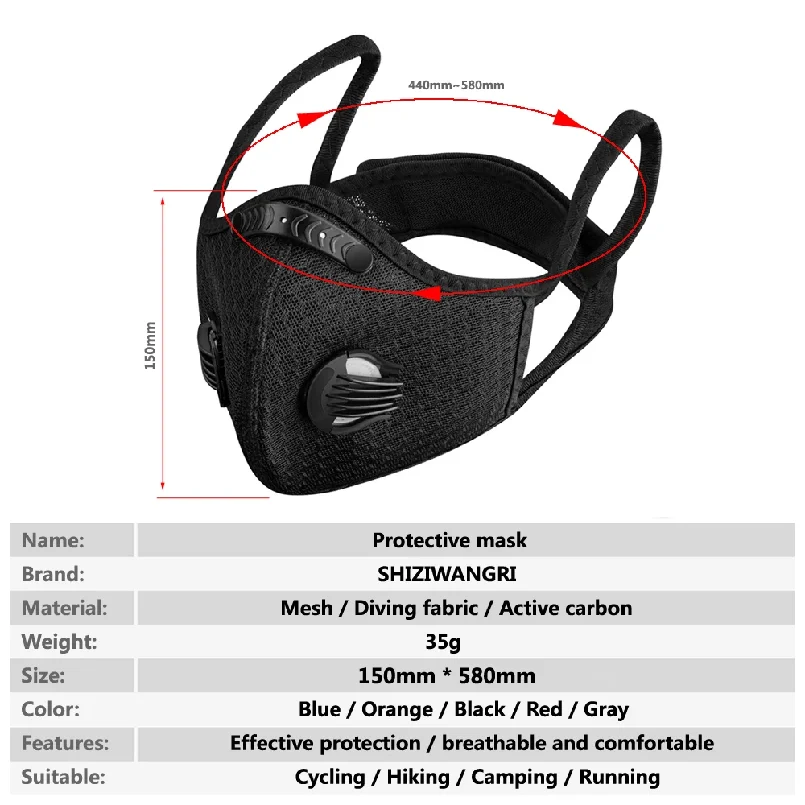 Masque réutilisable sport avec filtre charbon actif - Lot de 1
