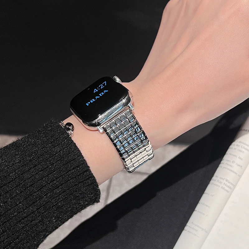 Luxury Metal Strap for Apple Watch Serie 7 Correa 45mm 41 38 40 Square Pattern Bracelet for Iwatch Band 9 8 6 5 SE 4 Ultra2 49mm