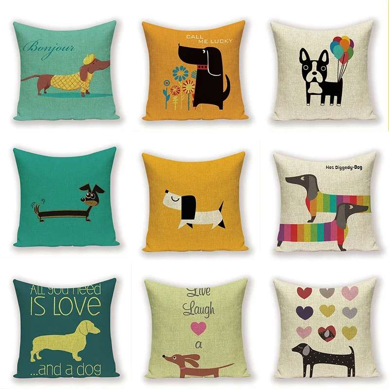 45x45cm Cute Dachshund Animal Puppy Linen Pillow Cover Cotton Sofa Cushion Cover Home Decor
