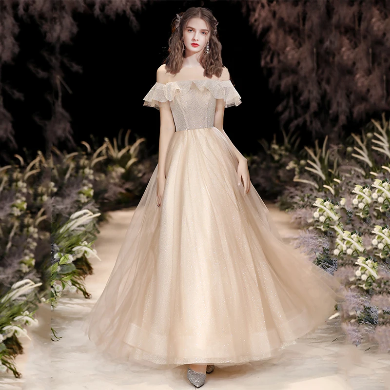 

LAMYA Simple Champagne Off The Shoulder Evening Dresses Long Ruffle Edge Celebrity Formal Party Gown Plus Size Vestido De Noiva