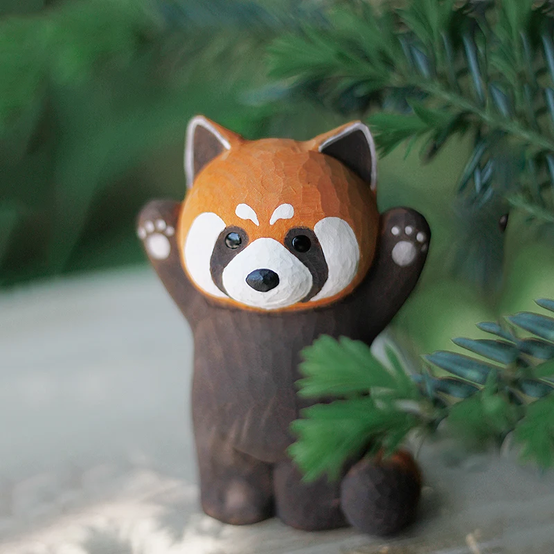 Niedliche Heimdekoration, roter Panda, handgefertigte Holzschnitzerei, Ornamente, Massivholz, Tier, Holzskulptur, Schreibtischzubehör, Kawaii-Figur