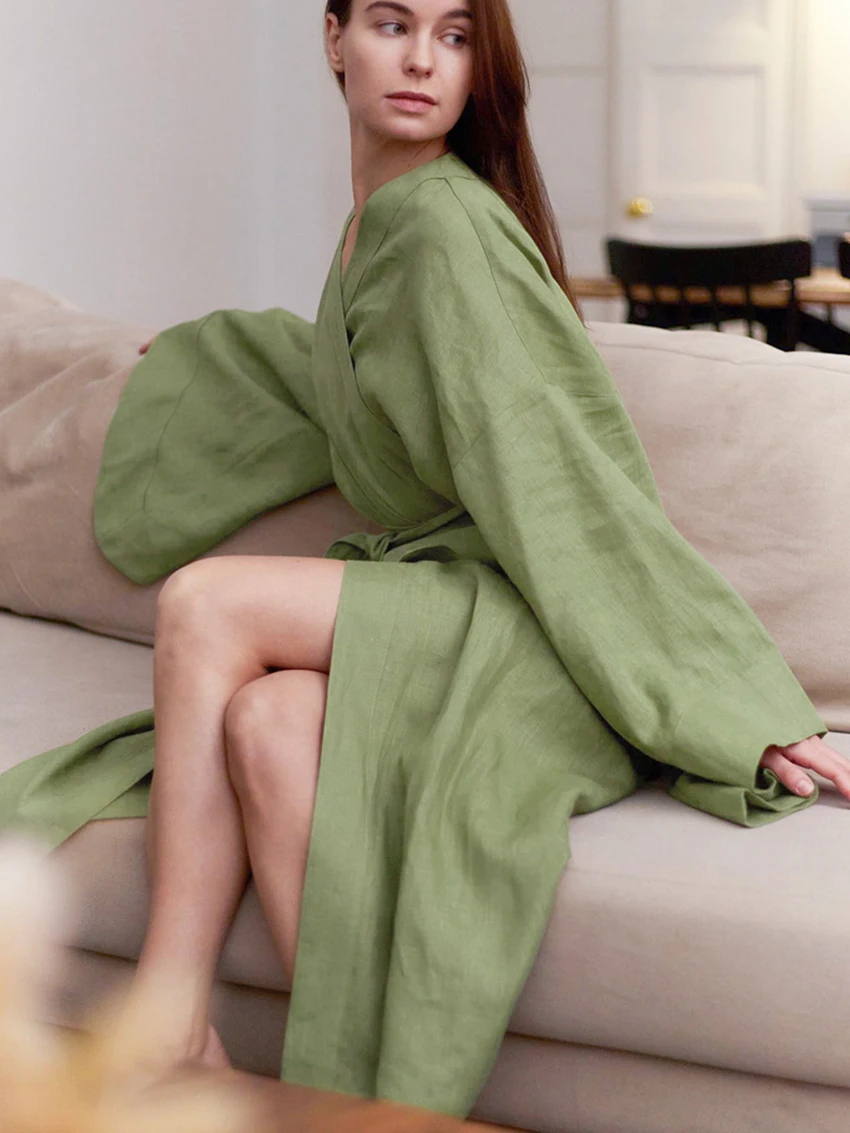 Marthaqiqi Casual Winter Female Sleepwear Long Sleeve Robe Sexy V-Neck Bathrobe Lace Up Nightgowns Green Home Clothes For Women
