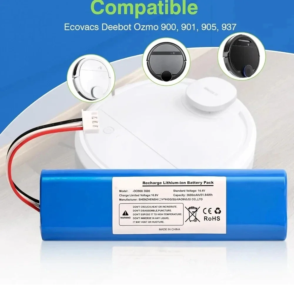12800mAh Replacement Battery for Ecovacs Deebot Ozmo 900, 901, 905, 920, 930, 937, N8, N8 Pro 14.4V Li-ION Robot Vacuum Cleaner 6