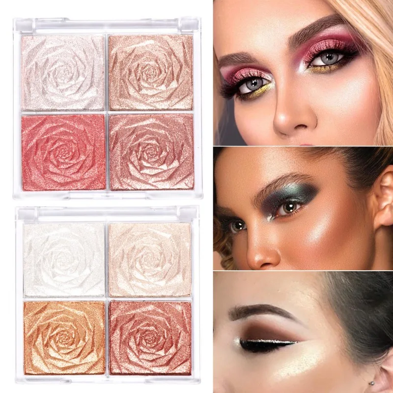 

4 Colors Highlighting Eyeshadow Blush Multi-Purpose Flower Rose Contour Palette Pearlescent Glitter Eyeliner Women Eye Cosmetics