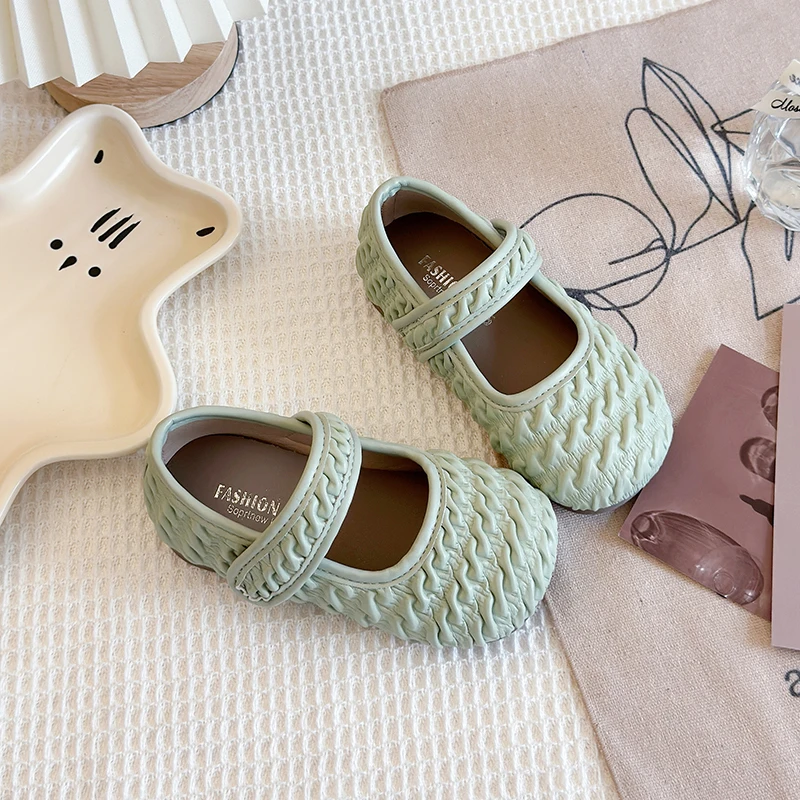 Girl's Princess Shoes Pleated Green Beige Soft Pu Leather Children Flat Shoe Daily Spring Morden Hook-loop Kids Mary Janes