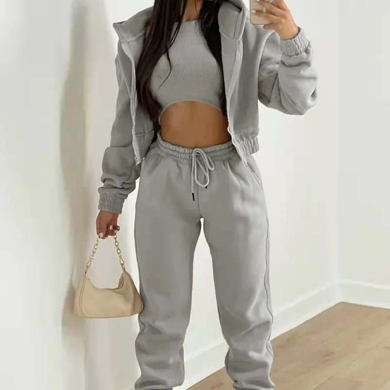 Autumn Winter Women's 3 Piece Sets Casual Long Sleeve Zip Hoodies Tank High Waist Sweatpants Jogger Pant Suits
