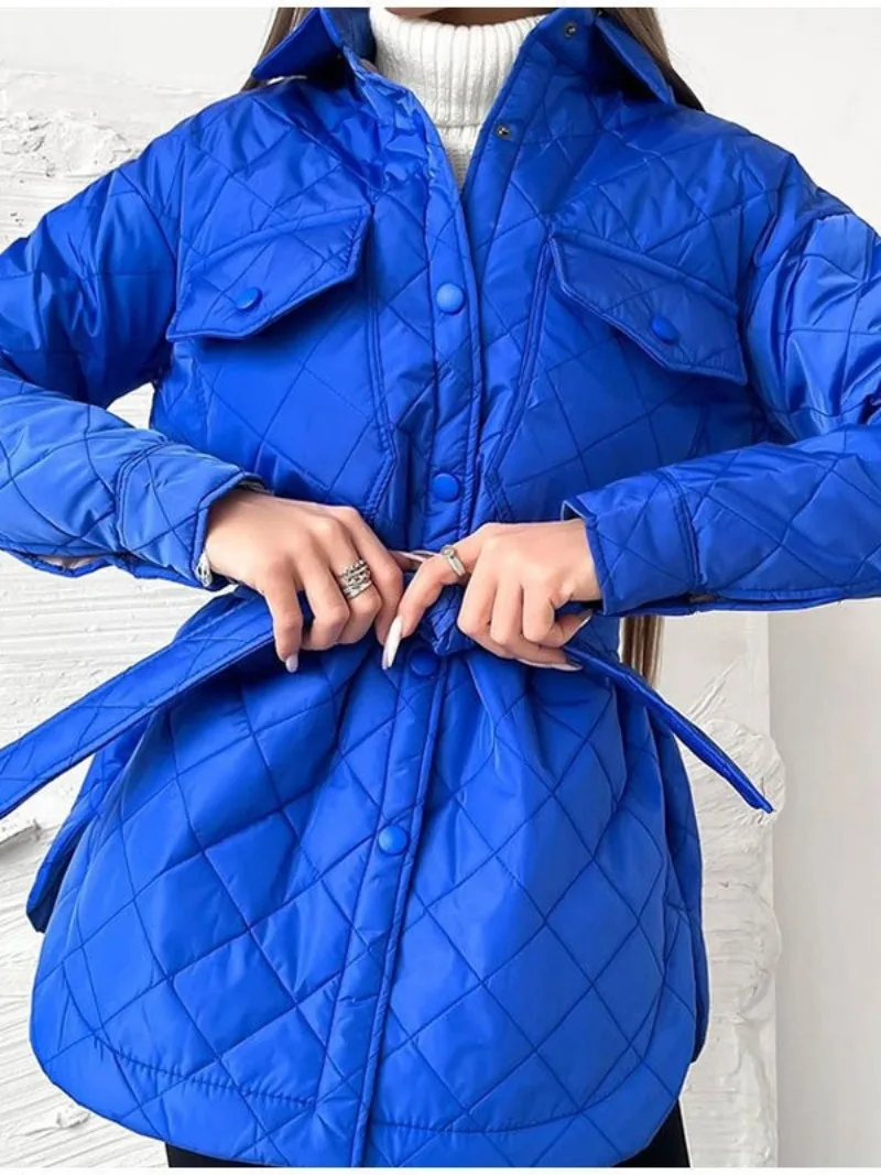 

Fashion Single Breasted Bandage Quilted Coat with Belt 2023 Autumn Winter Argyle Parkas Girls Streetwear Cotton Padded Jacket