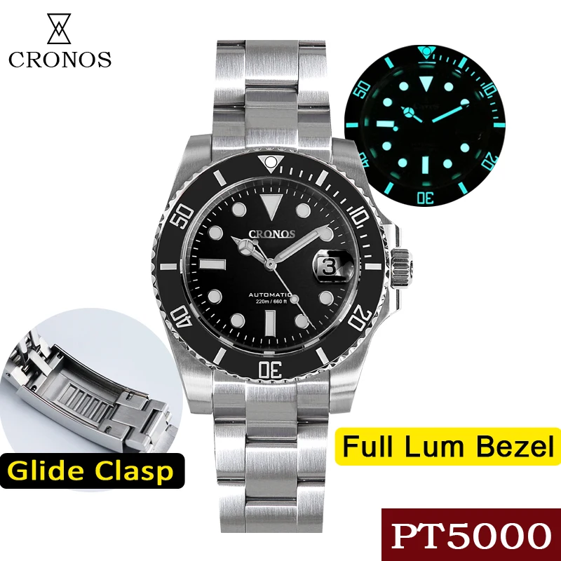 Cronos Diver Luxury Men Watch Stainless Steel PT5000 Bracelet Ceramic Bezel 200 meters Water Resistant Glideclasp L6005 V3 1
