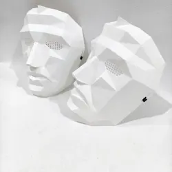Geometric Faceted Full Face Mask Duo: Black & White Breathable Masquerade Costume Accessories Set (White 2PCS)