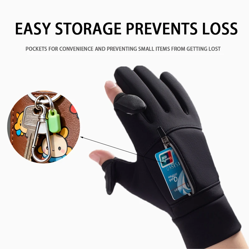 L●Mirror Winter Flip Open Two Finger Gloves Men Women Warm Touch Screen Windproof Waterproof Outdoor Gloves for Cycling Skiing