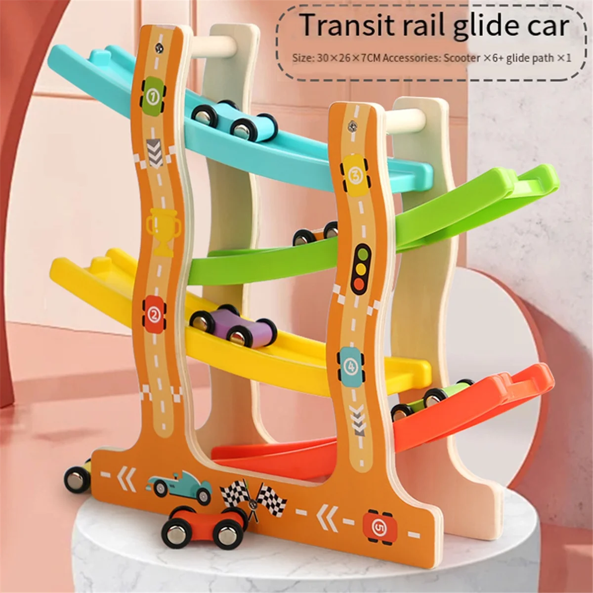 BAAU Wooden Racing Slide Cars Track Parking Lot Toys Gliding Ladder Vehicles DIY Education Xmas Birthday Gifts for Kids Boys