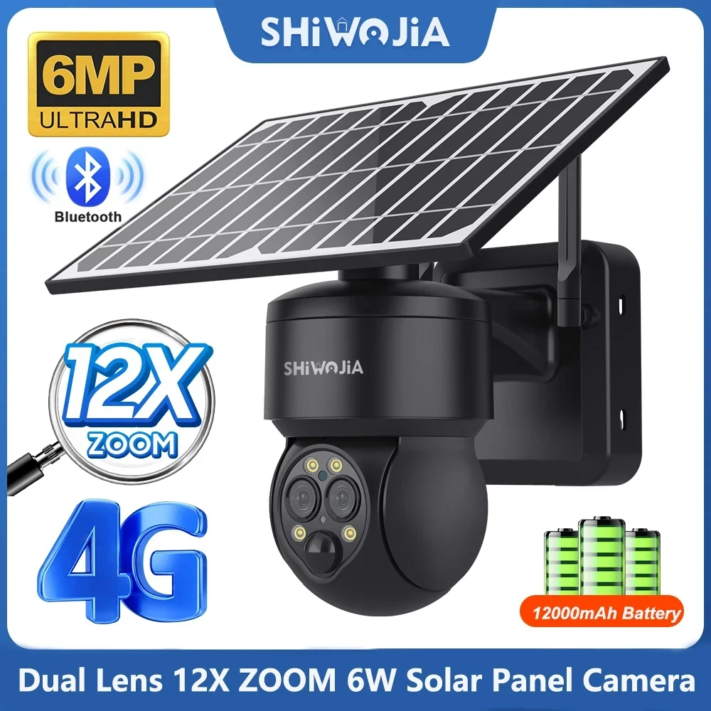 SHIWOJIA 8W 6MP Solar Camera 4G SIM 12X ZOOM WIFI Solar Panel Surveillance Camera Solar Security Camera Dual Len PIR CCTV Video