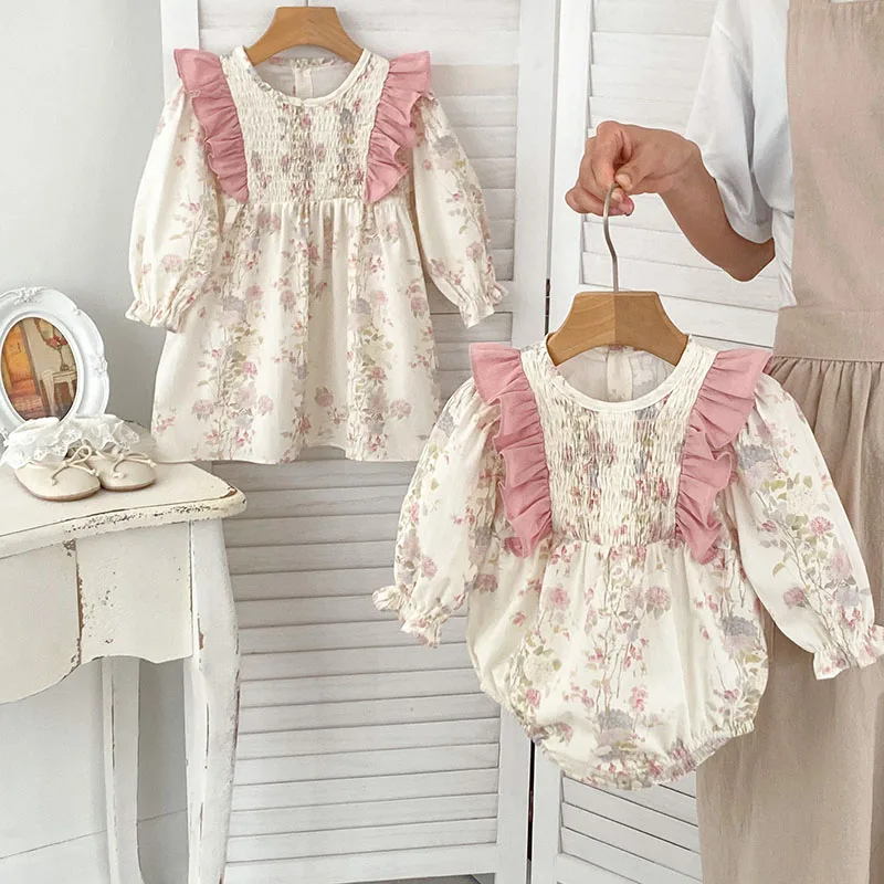 

MILANCEL 2024 New Spring Baby Floral Bodysuit Kids Pink Flower Dress Girls Sisters Clothes