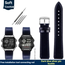 Casio Retro Leather Watch Strap for Men - Small Square, 18mm (Blue silver)