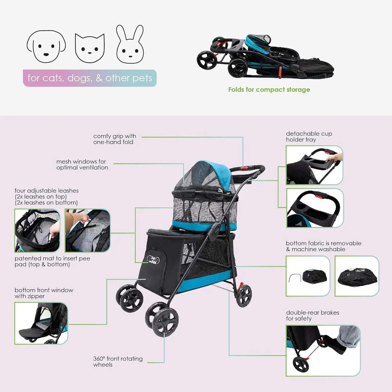 Pet & Pets Double Decker Pet Stroller 11.53 Pound Teal Very Light and Folds Flat for Easy Travel Durable Pvc Mesh Windows