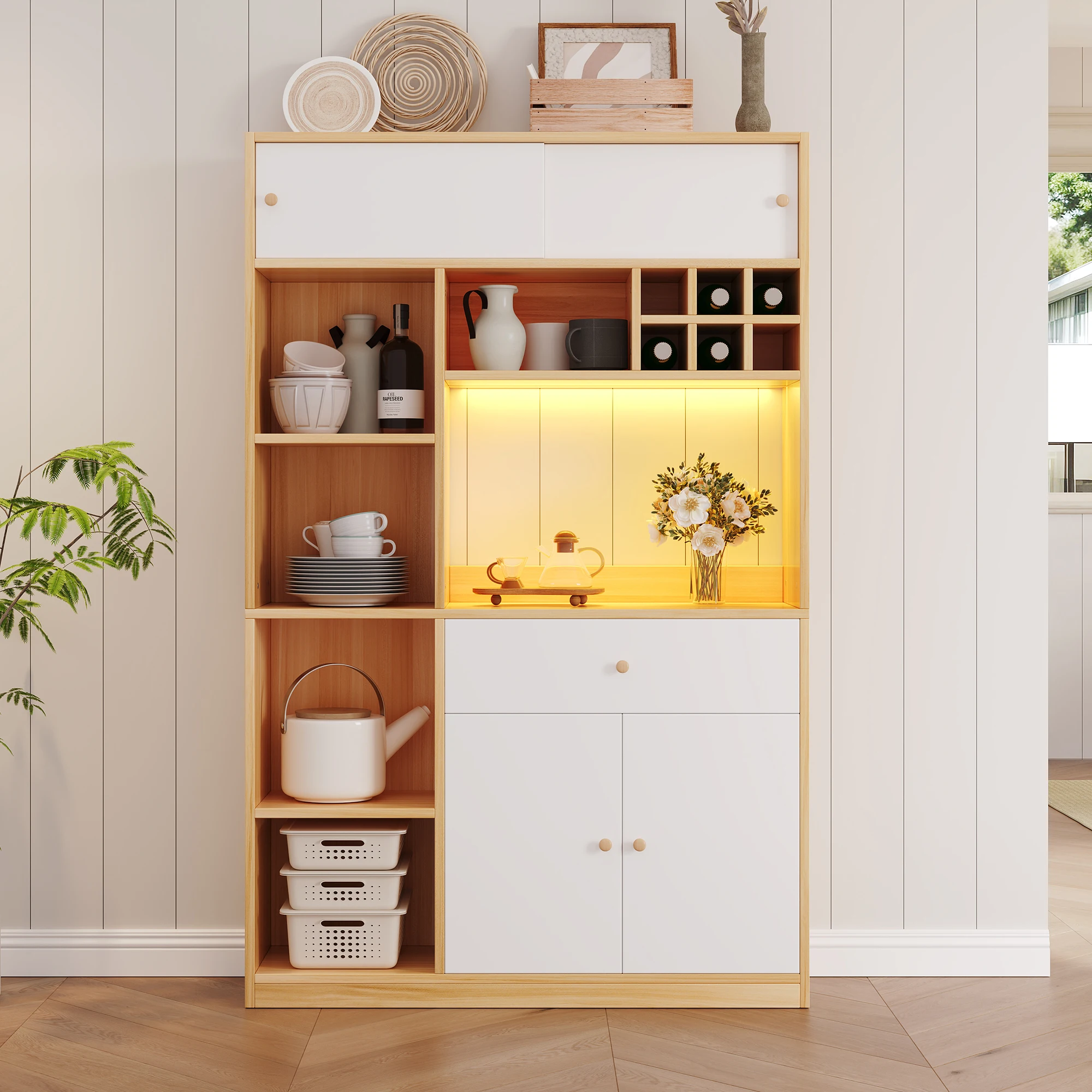 PINGGO Multifunktionaler Küchenschrank mit LED-Beleuchtung im Buffet-Stil 3-Türiger Stauraum für Mikrowelle und Besteck Naturfarben – Detail 1