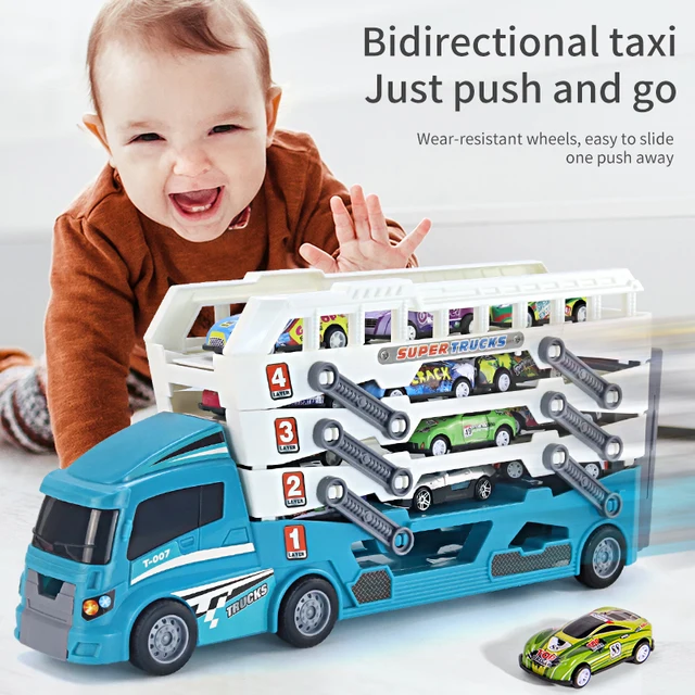 Upgraded Large Ejection Mini Slide Alloy Container Car  Engineering Car Multi-Layer Can Receive Blue Racing Car With 6  Qcar 4