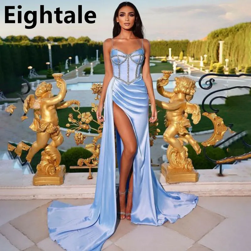 

Eightale Sky Blue Prom Dresses 2023 Long Luxury Party Gowns With Crystals Customized Arabic Floor Length Evening Gown