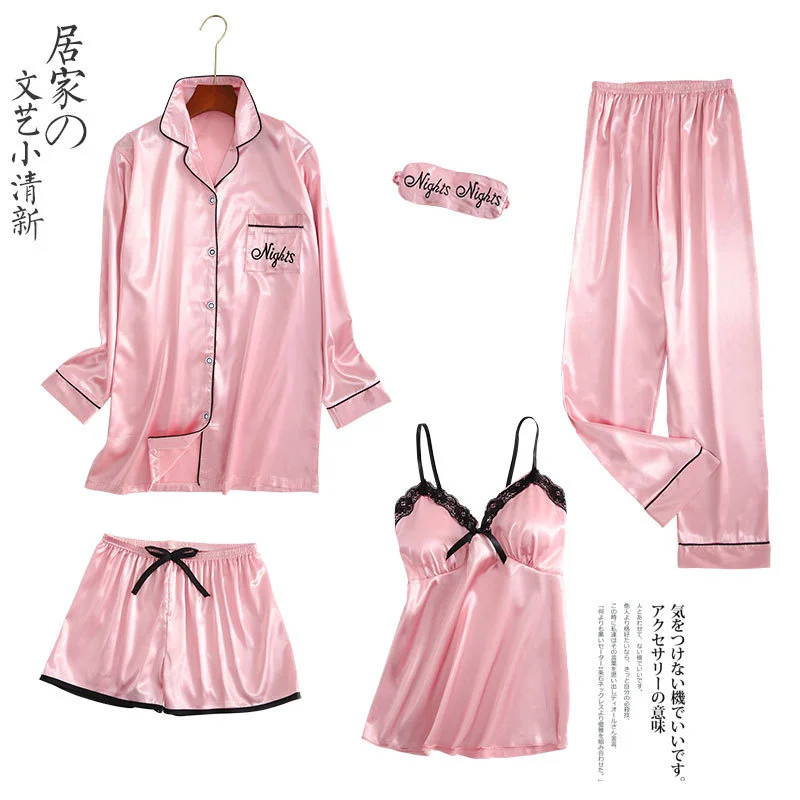 Lisacmvpnel Five Piece Imitation Silk Women Pajamas Ice Silk Stripe Print With Chest Pad Lace Pyjamas Pajama Sets Aliexpress