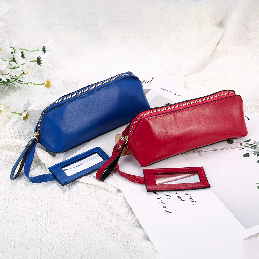 Genuine Leather Soft Small Cosmetic Bag Women Travel Zipper Makeup Bag Minimalist Waterproof Lipstick Case With Mirror
