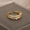 Bagues géométriques de luxe en Zircon pour femmes, en acier inoxydable, couleur or, anneau ouvert, tendance, fête de mariage, bijoux esthétiques, cadeau pour Femme