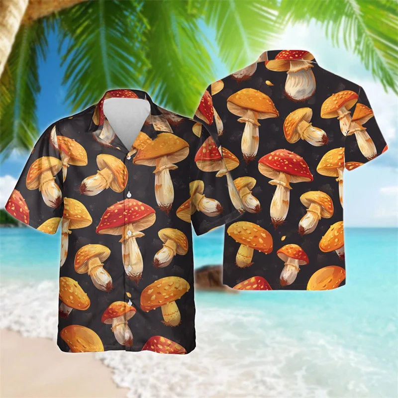 thumbnail image 1 of Camisa hawaiana con estampado 3D de hongos mágicos para hombre, camisas de playa con patrón colorido, blusas casuales de verano de manga corta, blusas cómodas, 1 of 5