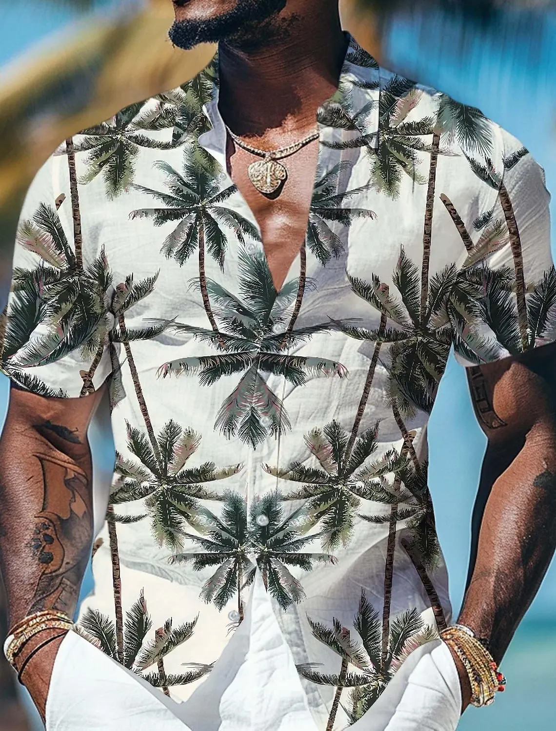 thumbnail image 1 of Camisa hawaiana de vacaciones con palmeras tropicales para hombre, camiseta de manga corta para exteriores, vacaciones hawaianas, camisa Aloha, 1 of 4