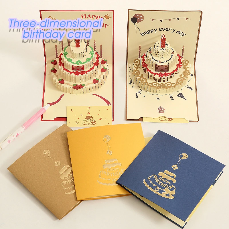 Handmade Birthday Card 3D Birthday Cake Pop-up Color Postcard Vintage Card Blessing Advertisement Show Love Girl Child Gift Card